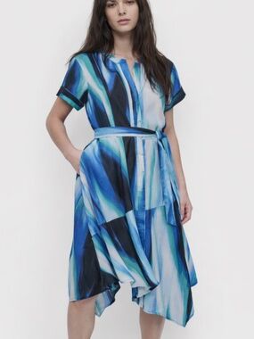 DKNY Women's Short-Sleeve Asymmetric MIDI Dress/Caribbean Multi NWT